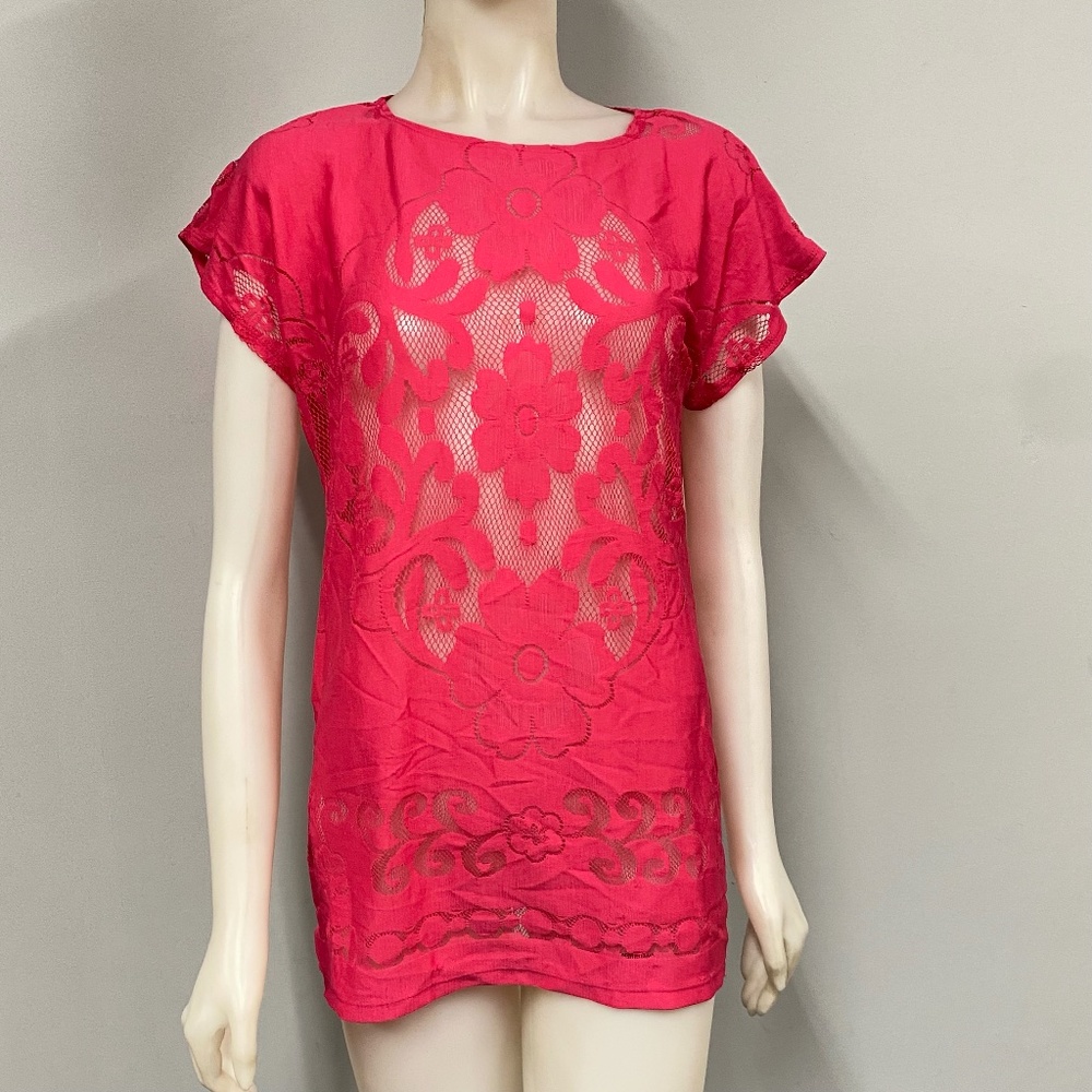 Susan Graver Pink Lace Cut Out Tunic Shirt Top